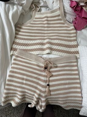 House of Harlow 1960 Cream & Beige Striped Knit Lounge Set